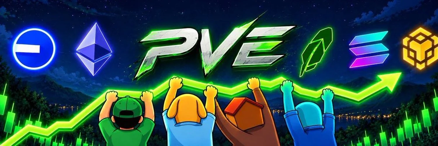 PVE banner: the chrome PVE wordmark over the four characters grabbing the green line, with chain icons across a night sky